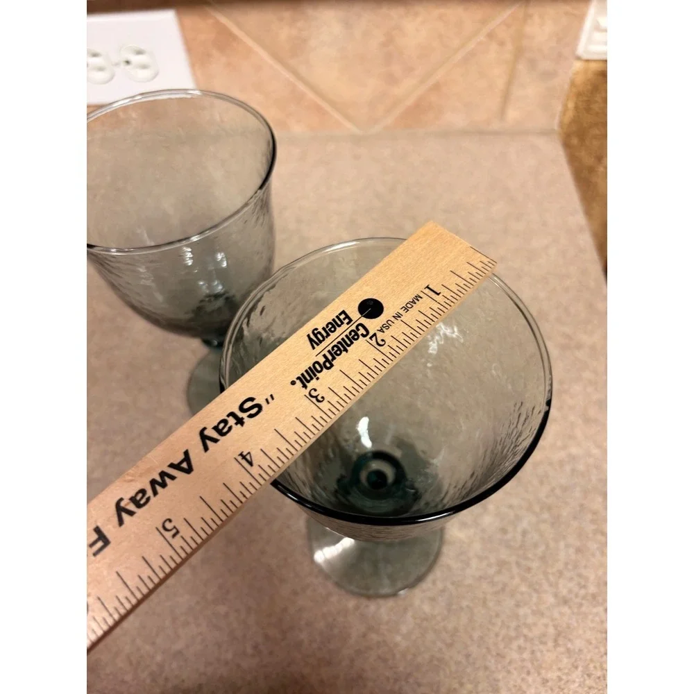 Pottery Barn Set of 2 Smoke Gray Hammered Glass Wine Water Rustic Goblet  7.5in